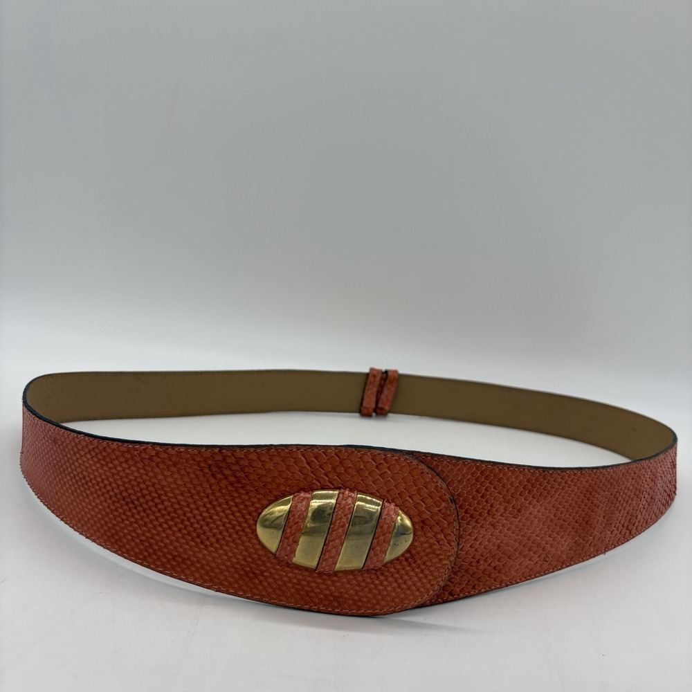 Vintage Laura Lei Womens Belt Genuine Snakeskin Orange Gold Adjustable Argentina